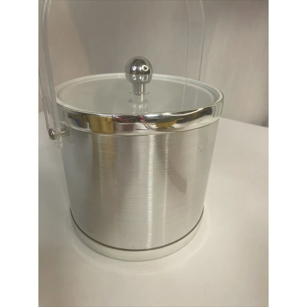 2 Vintage Gold Silver Ice Buckets Plastic, Clear Lid, Tongs Made In Taiwan